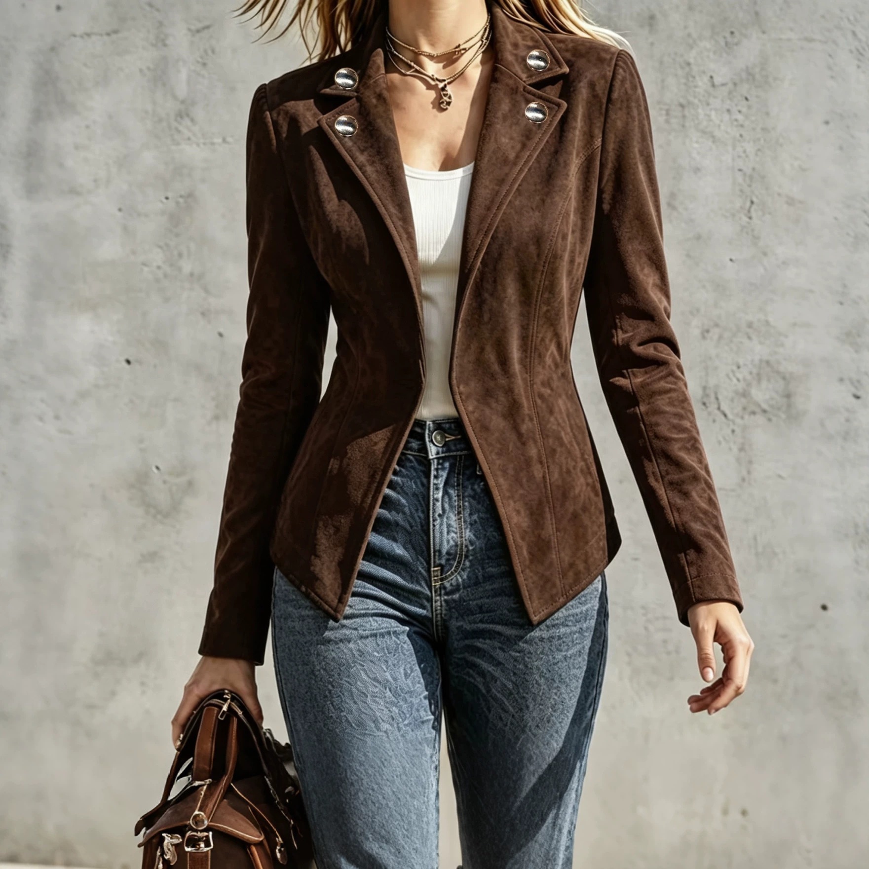 European And American Suede Lapel Slim-fit New Long-sleeve Jacket With Buttons, Autumn And Winter Vintage Women's Clothing product image