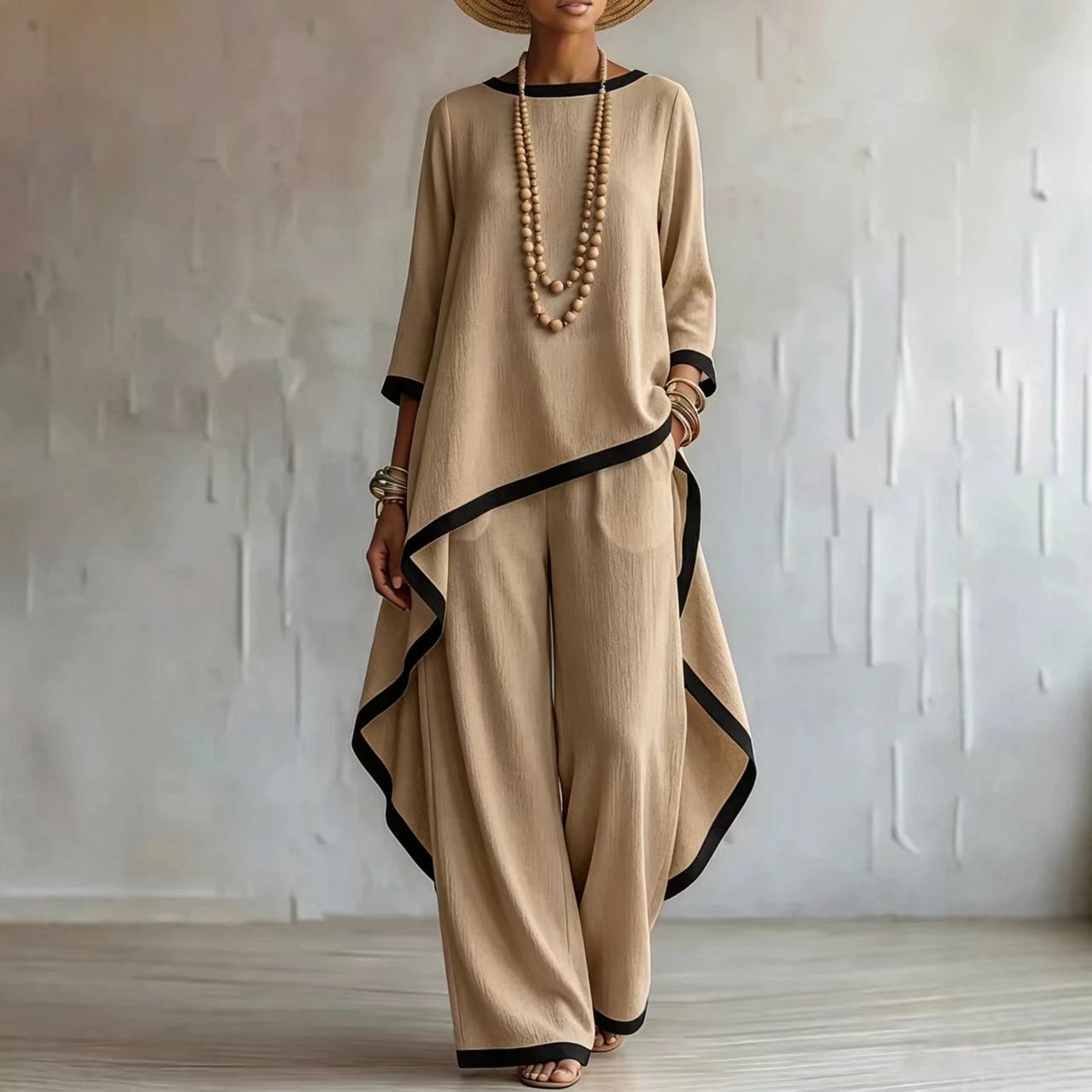 European And American Cross-Border New Style Old Money Style Cotton And Linen Irregular Design Long-Sleeve Blouse And Wide-Leg Pants Two-Piece Women's Set
