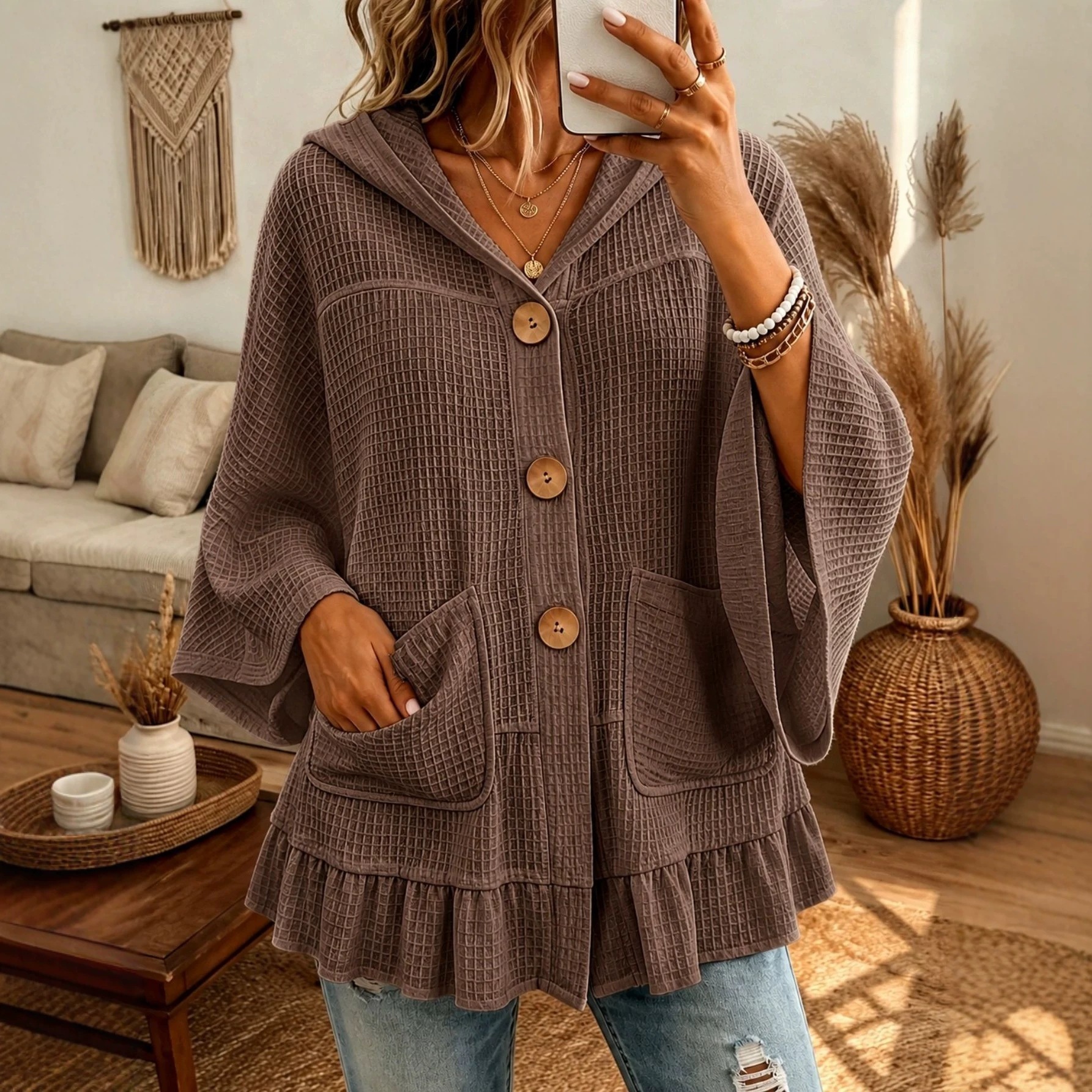 Anno Women's Fashion Casual Hooded Cardigan with Pockets