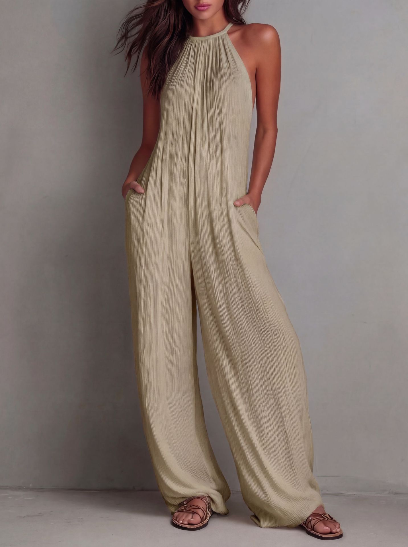 Cross-Border Foreign Trade Women's Clothing European And American Style Halter Neck Sleeveless Vacation Style White Pleated Backless Wide-Leg Jumpsuit — image 2 of 10
