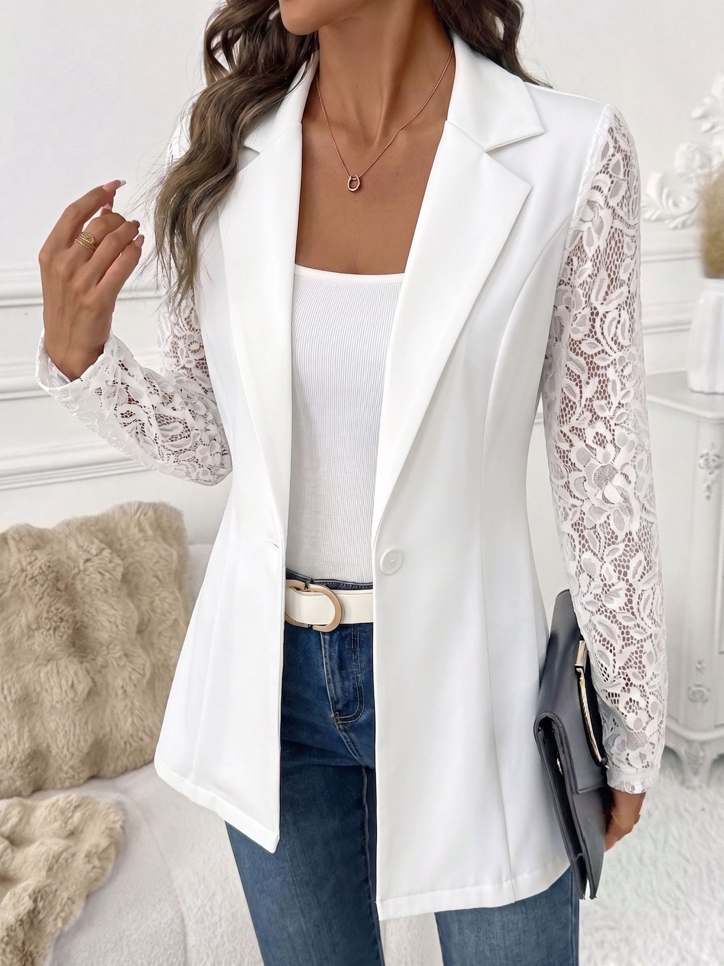 European And American Cross-border 2026 Autumn New Fashion Lapel Slim-fit One-button Blazer With Lace Long-sleeve Patchwork Jacket