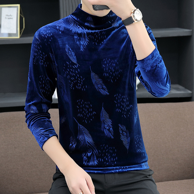 Gold Velvet Feather Bottoming Long-Sleeved Top