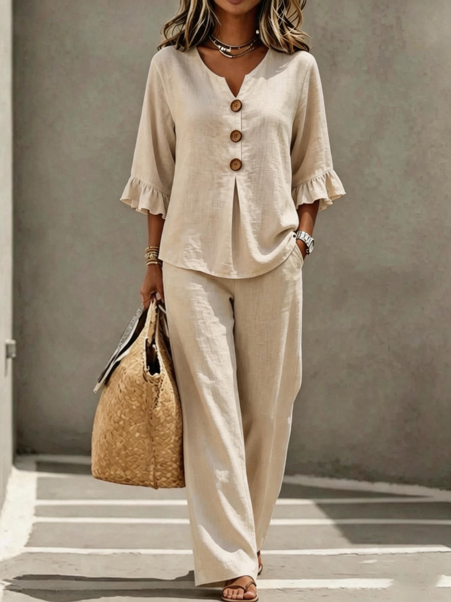 Women's ruffle top and pants set – apricot colorway casual summer outfit
