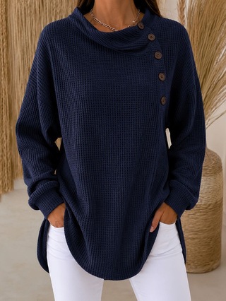 Women Solid Waffle Knit Pullover Tops Cowl Neck Asymmetric Button Decor Long Sleeve Loose Curved Hem Casual Shirts