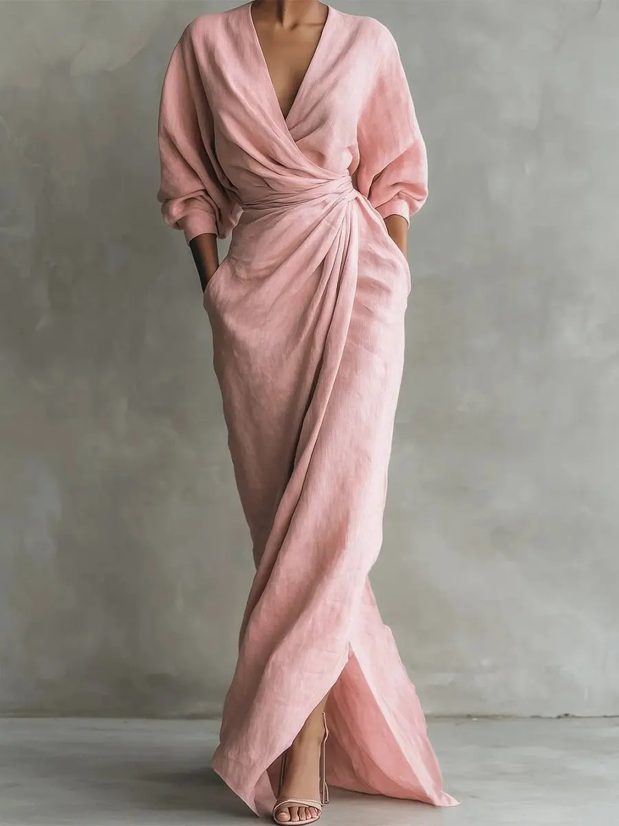 New European And American Amazon Standalone Site Elegant Solid Color V-neck Long-sleeve Slit Waist-pocket Long Dress