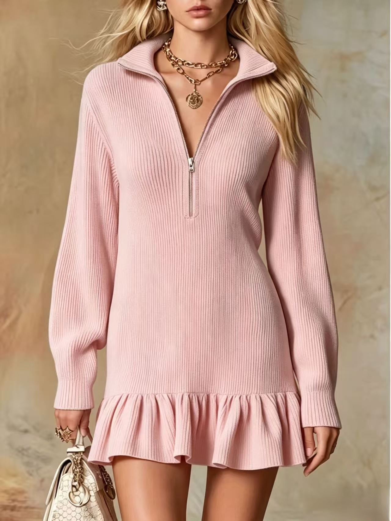 Robe femme côtelée à demi-zip et volant