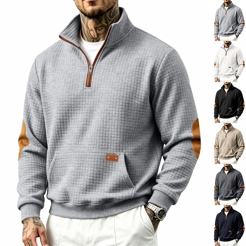 Hanorac bărbați Toamnă și Iarnă în carouri cu guler semi-zip, cu mâneci lungi și buzunare, pulover casual