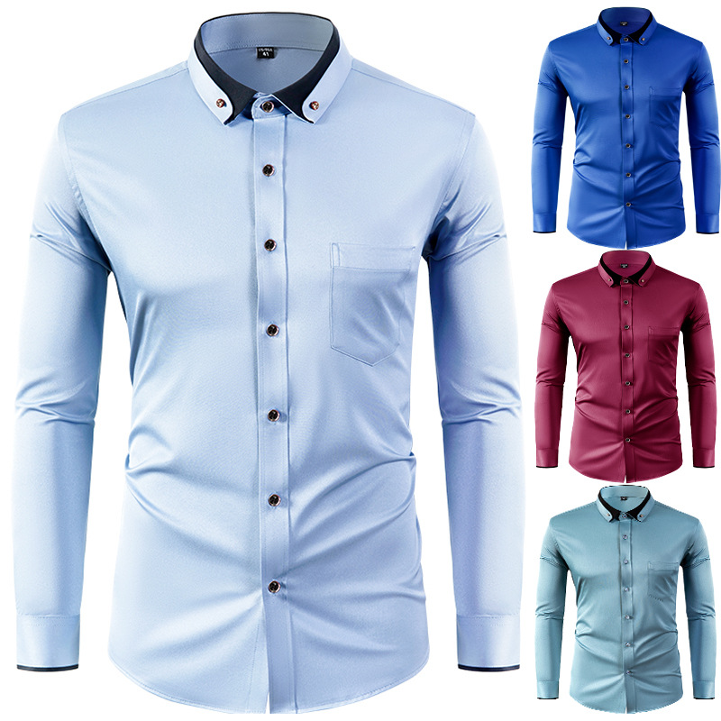 Amazon Stretch Shirt Men's Long Sleeve Diamond Button Contrast Collar Design Solid Color Slim Fit Men's Shirt Cross Border Men's Wear