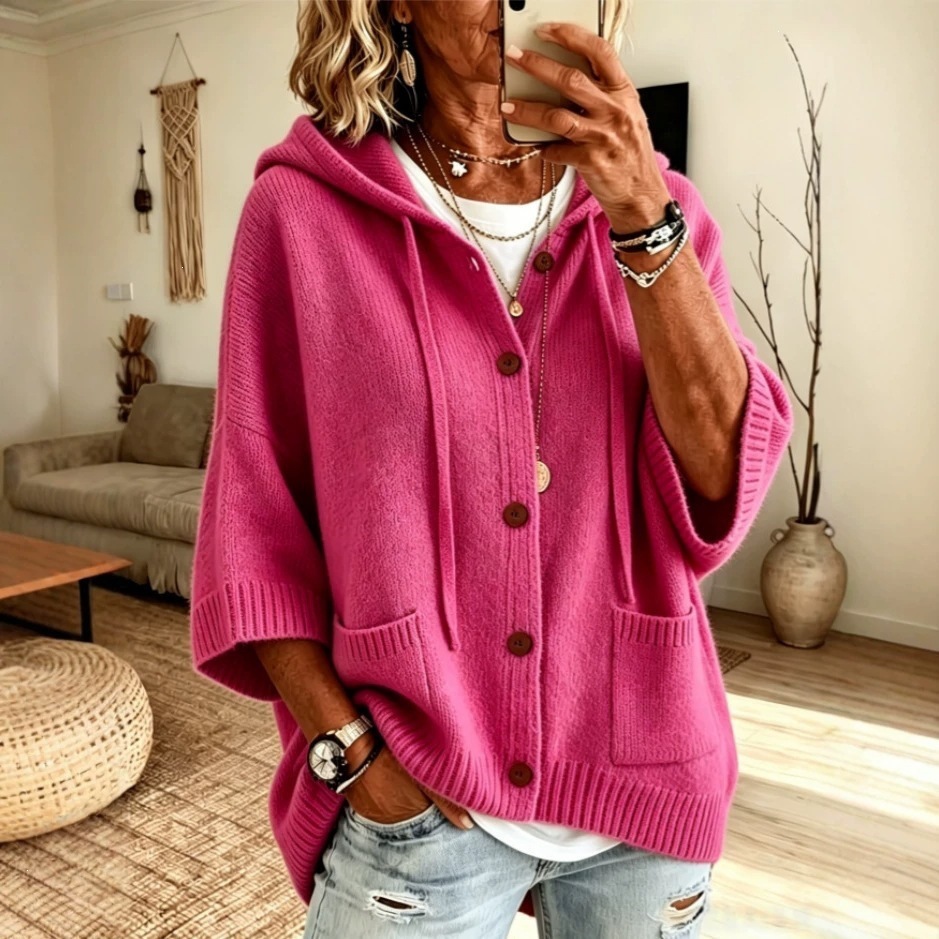 Women's Loose-Fit Hooded Knit Cardigan With Sleeves, Drawstring Hood, Pockets, Casual Knit Outerwear
