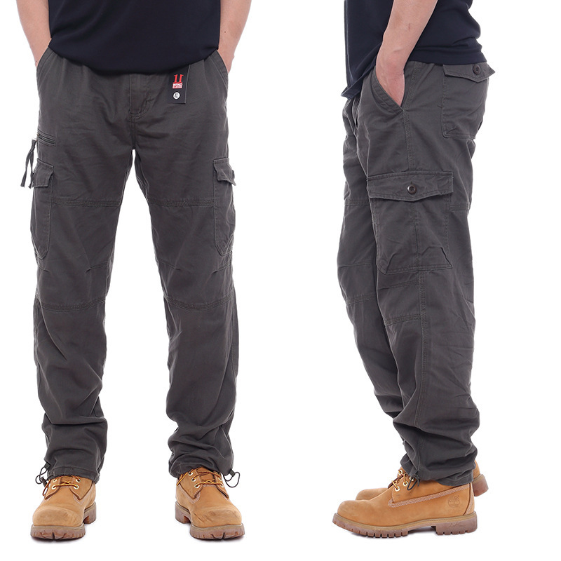 Men's Casual Cotton Work Pants With Elastic Waist, Large Size, Multi-Pocket, Loose Fit, Long Pants For Construction Site