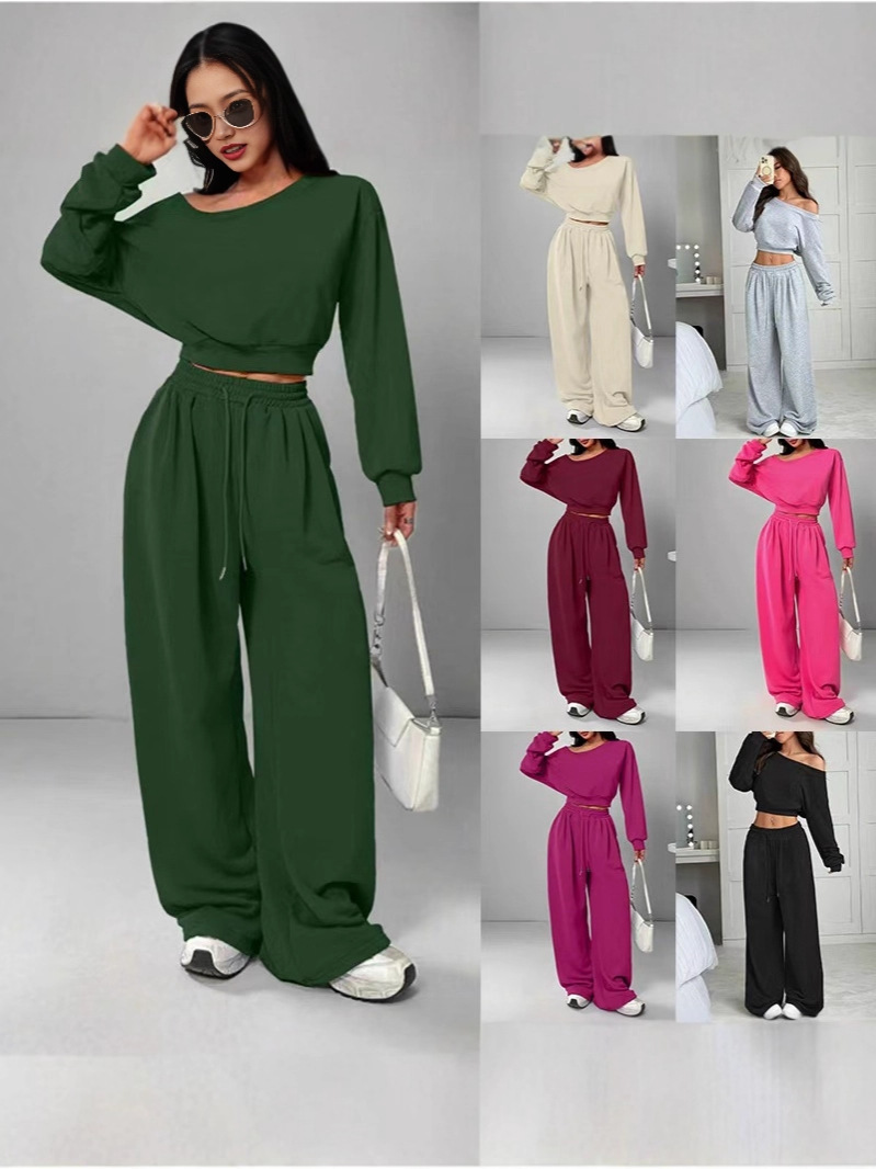 Cross-Border Fashion New Products European And American Casual Suits Solid Color Sweatshirt Off-The-Shoulder Loose Knit Short Long-Sleeve Top