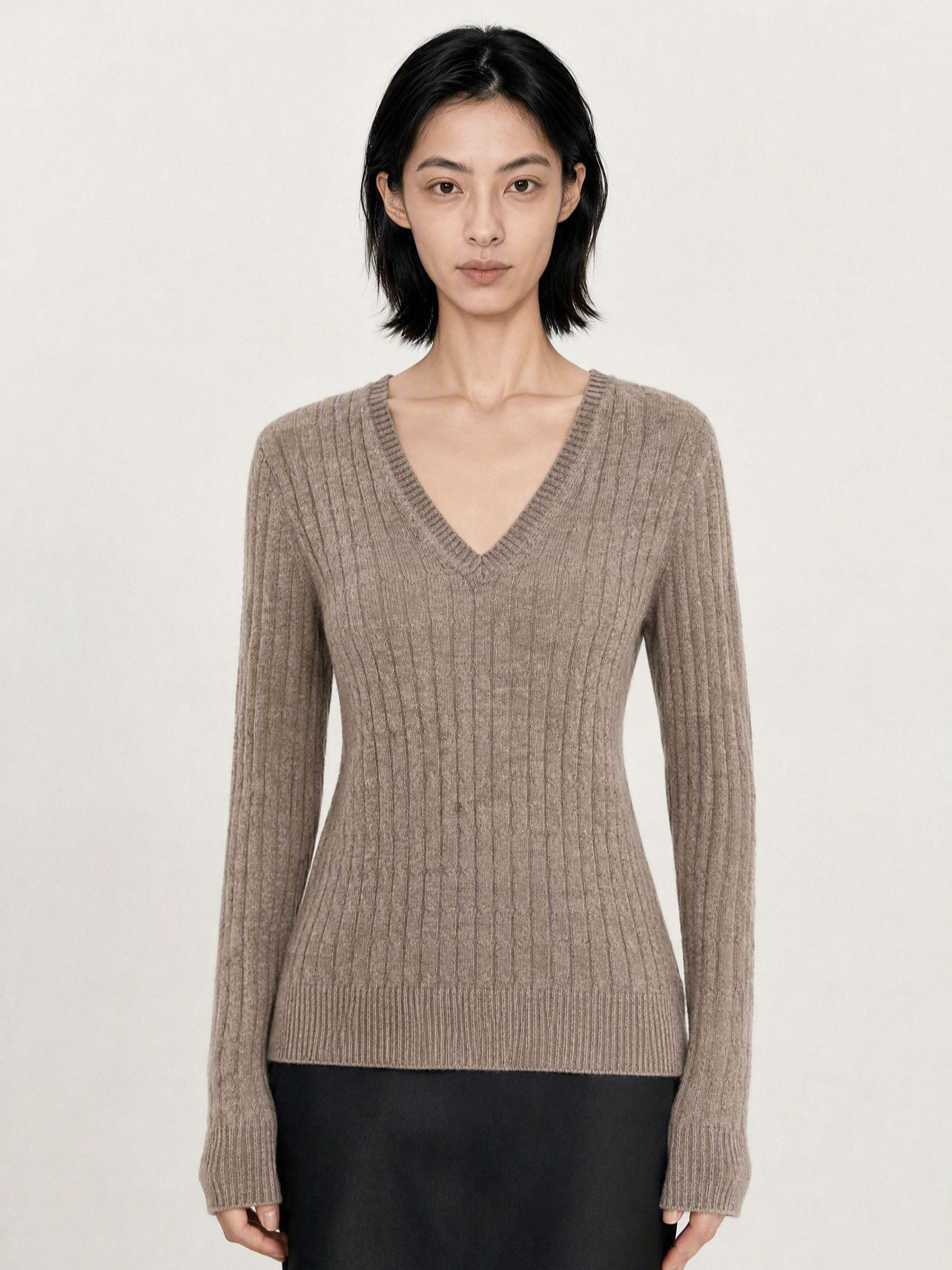 Ribbed V-Neck Ultrafine Merino Wool & Cashmere-Silk Blend Knit Sweater