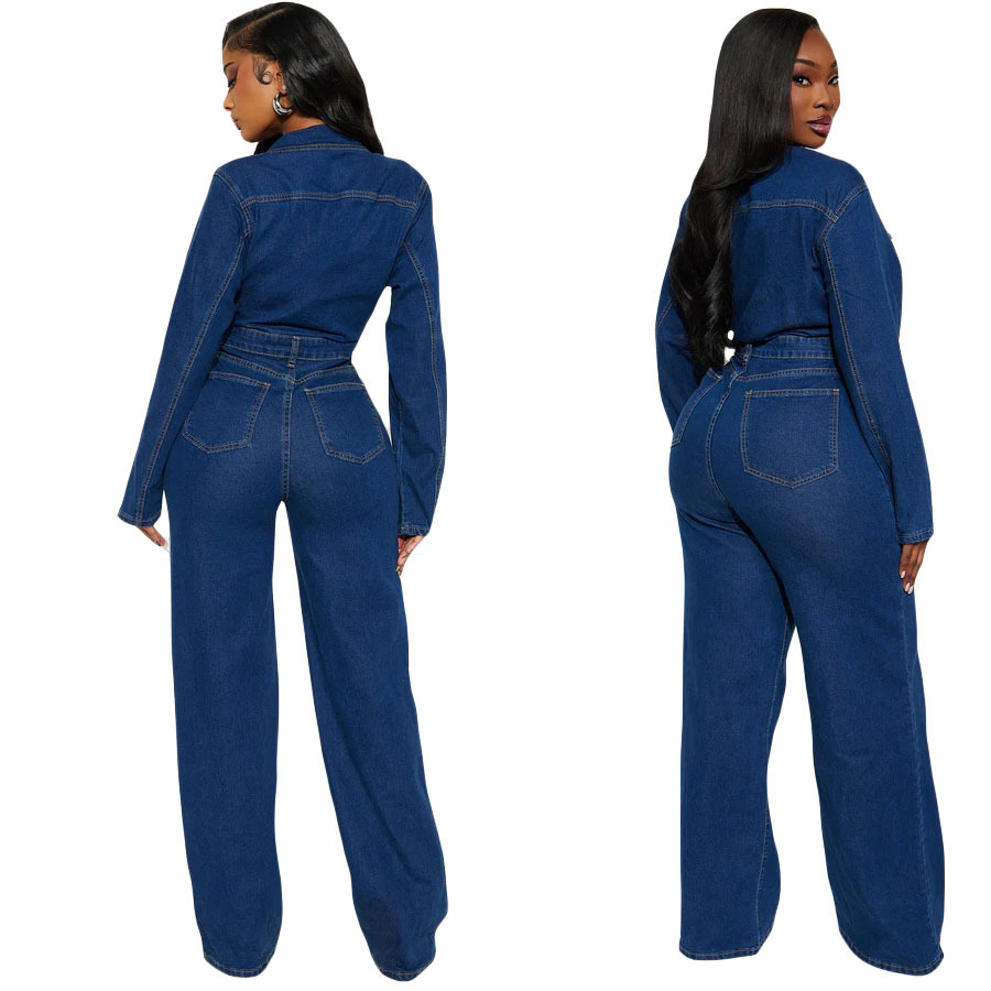 3587 Trade European And American Cross-Border Amazon Slim Stretch Flared Washed Long-Sleeve Denim Jumpsuit