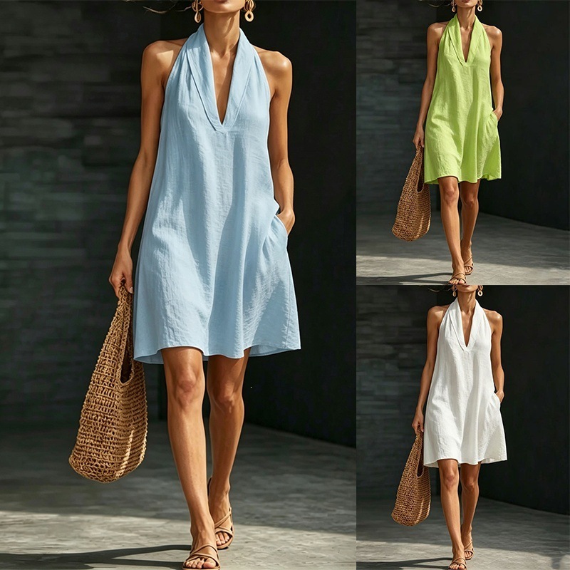 Beach Vacation Summer New Arrival Casual Solid Color V-Neck Dress For Lounge & Travel