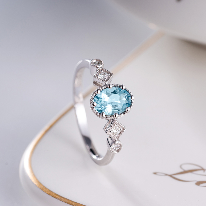High-end Internet Celebrity Live Hot Selling New Imitation Natural Aquamarine Topaz Simple Open Ring Women's Elegant Ring