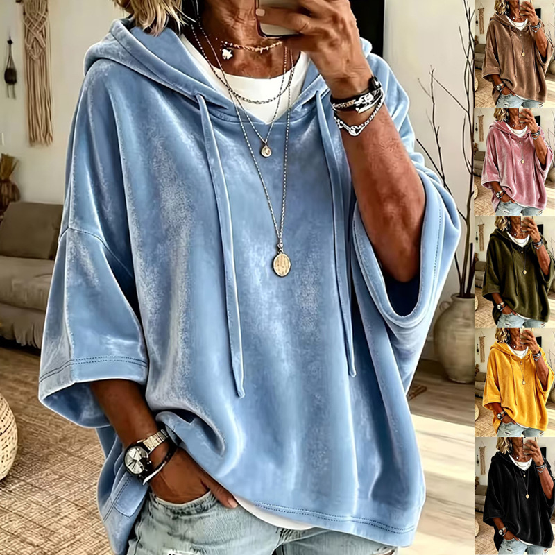 Women Velvet Batwing Short Sleeve Hoodie, Drawstring