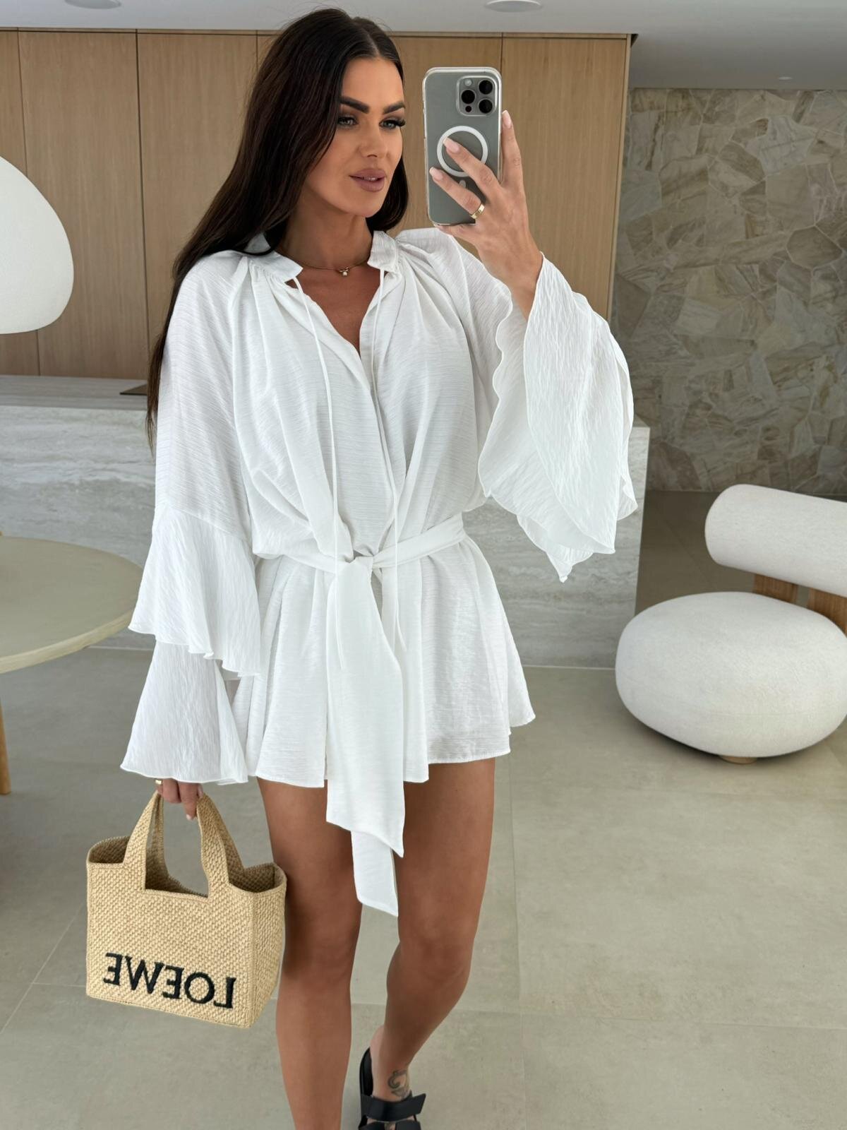 V-Neck Lace-Up Loose Dress in Khaki