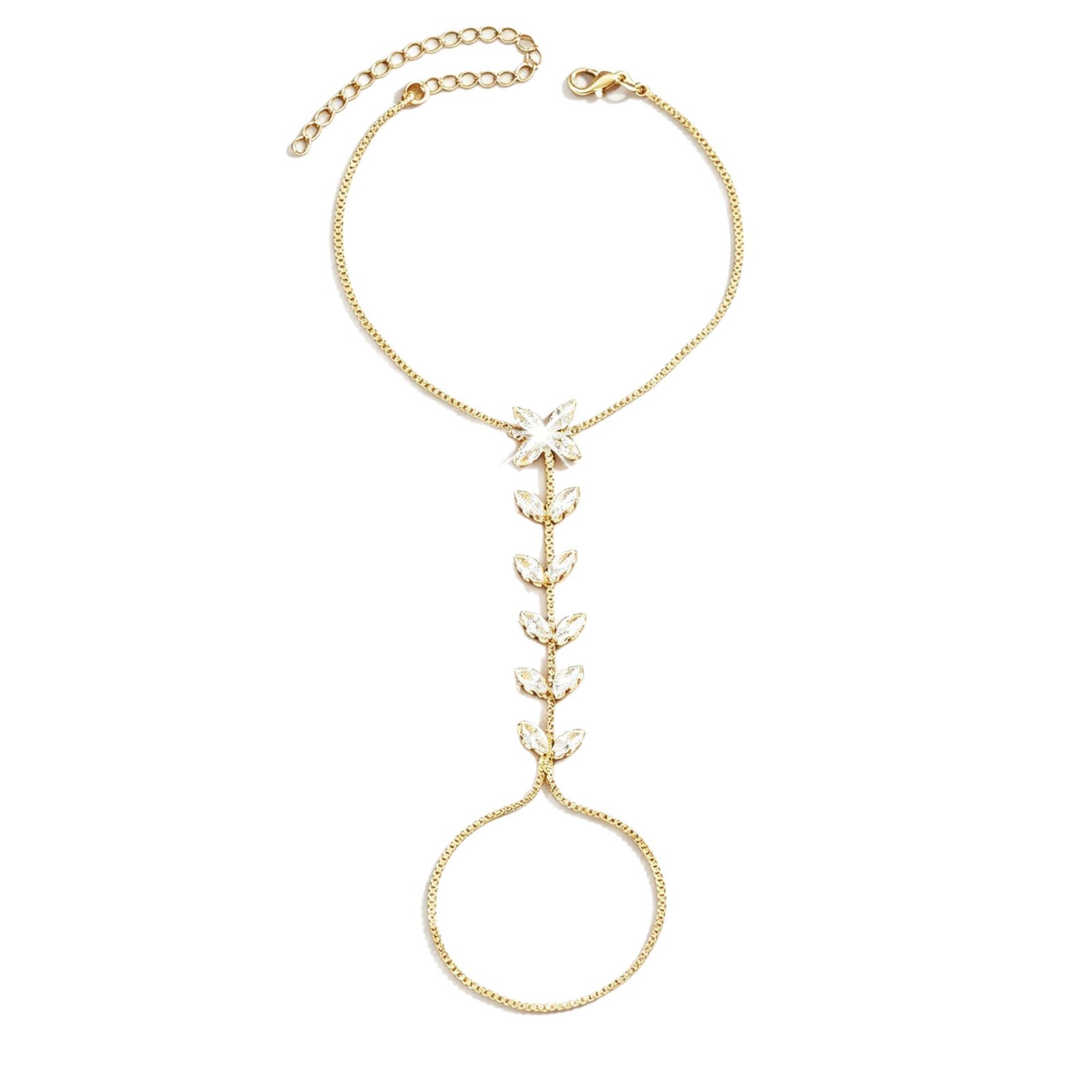 Eco-Friendly Crystal Leaf Bracelet with Zircon Flower Finger Chain for Women 3