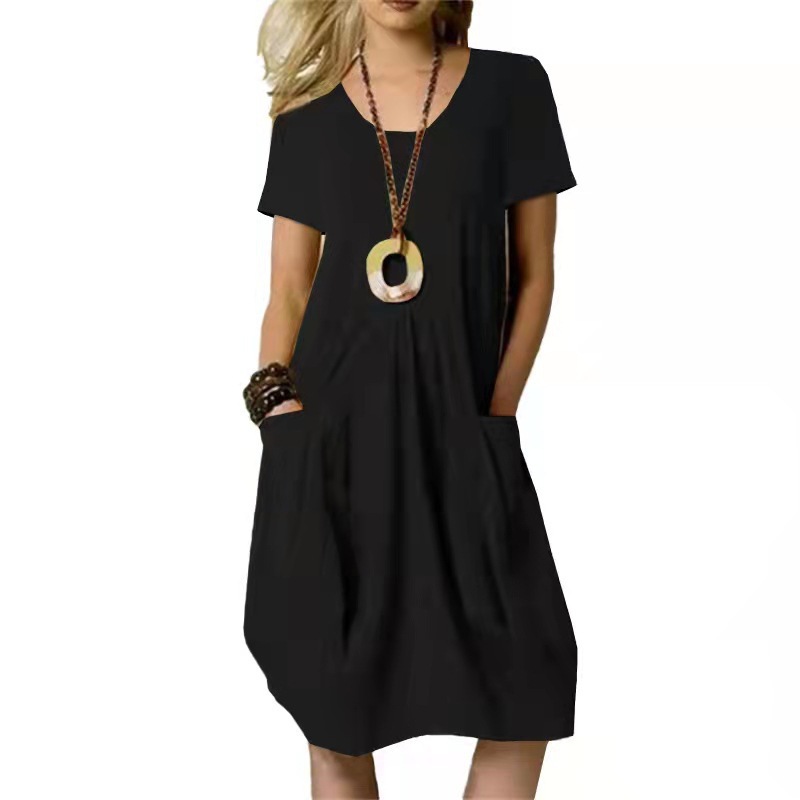 Cross-Border Summer New Model Amazon Wish Hot-Selling Cotton And Linen Solid Color Loose Round Neck Short-Sleeved Dress