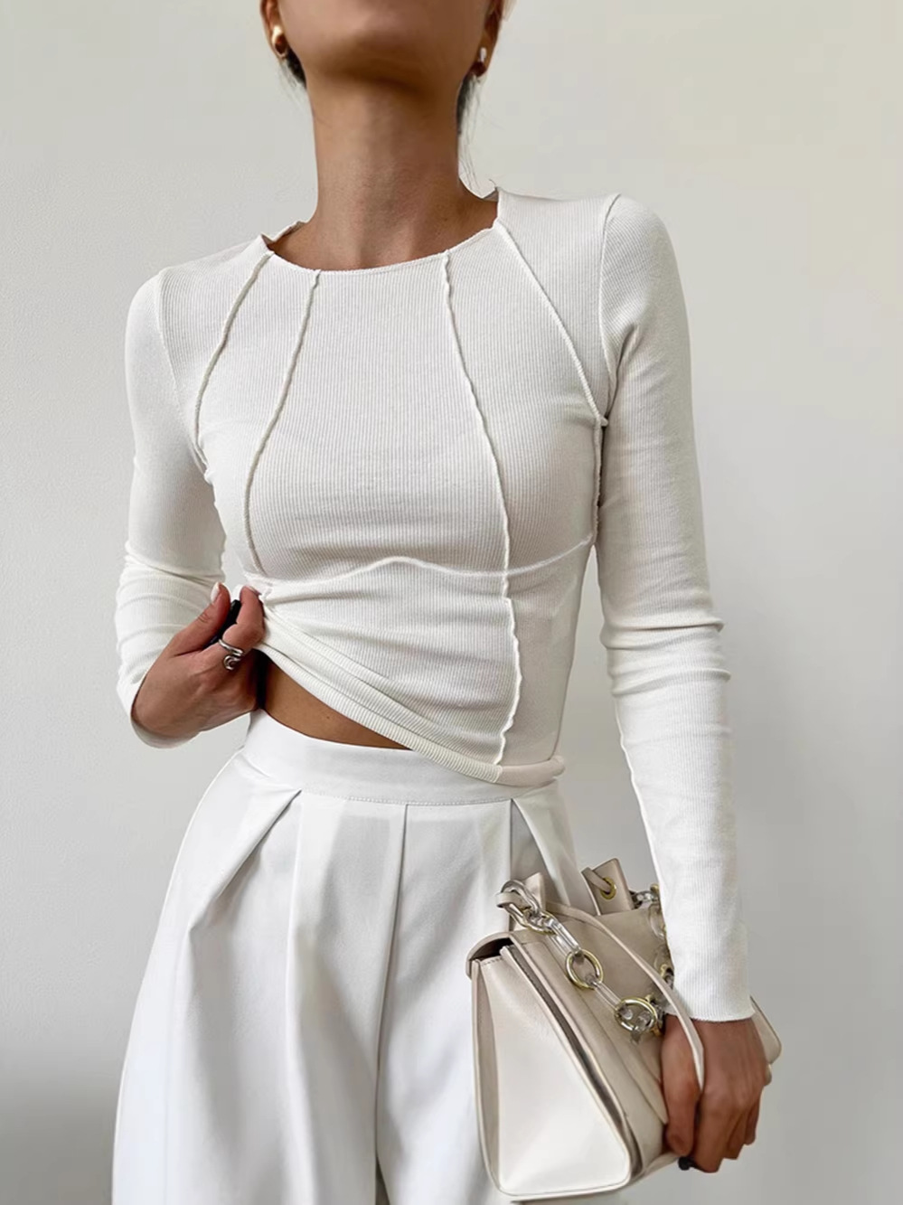 Splicing Slim Fit Long Sleeved Top Solid Color Patchwork Round Neck Slim Fit Long Sleeve Top For Women