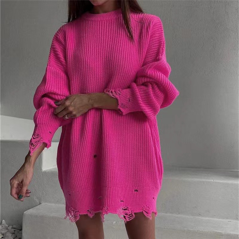 Women's Crew Neck Distressed Knit Sweater, 2026 Fall Winter Solid Color Loose Long Sleeve Pullover, Ripped Fringe Hem Jumper