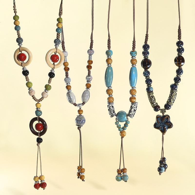 Vintage Chinese Style Artistic Ceramic Necklace For Women, Long Pendant Student Sweater Chain, Simple Versatile Clothing Accessory