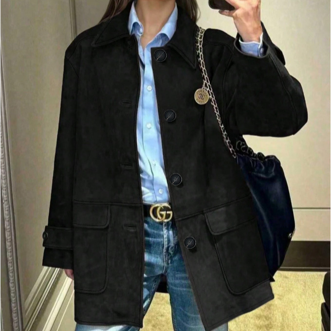 Amazon's New European And American Winter Solid Color Suede Coat With A Turn-down Collar, Single-breasted, Mid-length Top product image