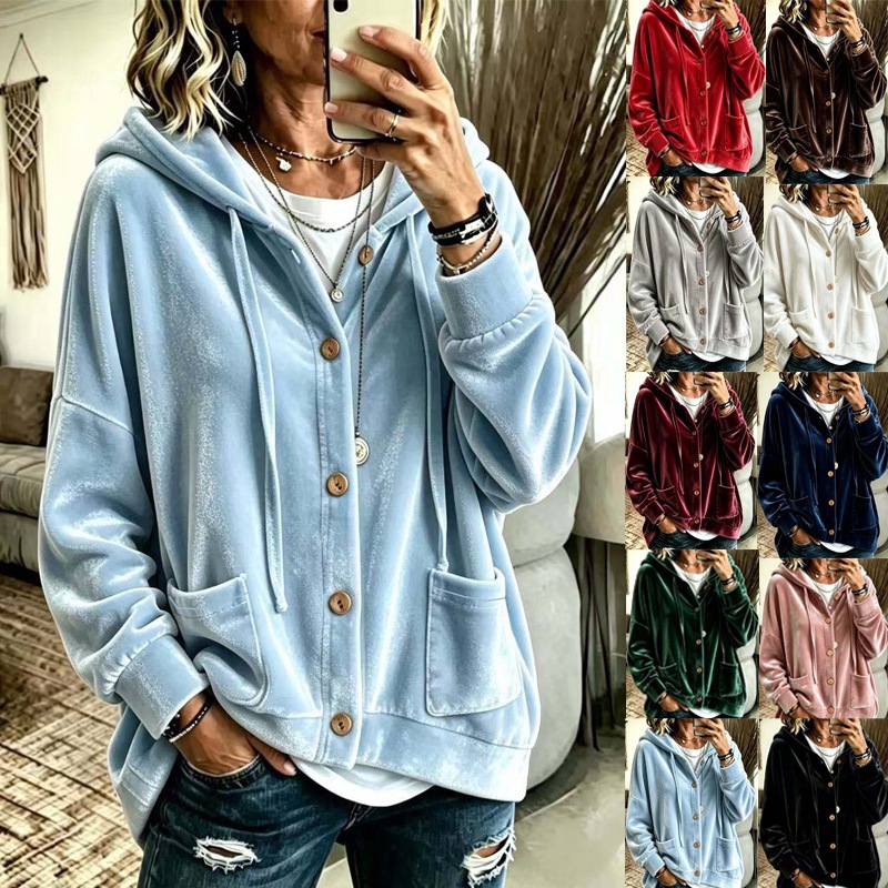 Women Fall Winter Velvet Hoodie Cardigan Button Front Drawstring Long Sleeve Casual Loose Jacket Coat With Side Pockets