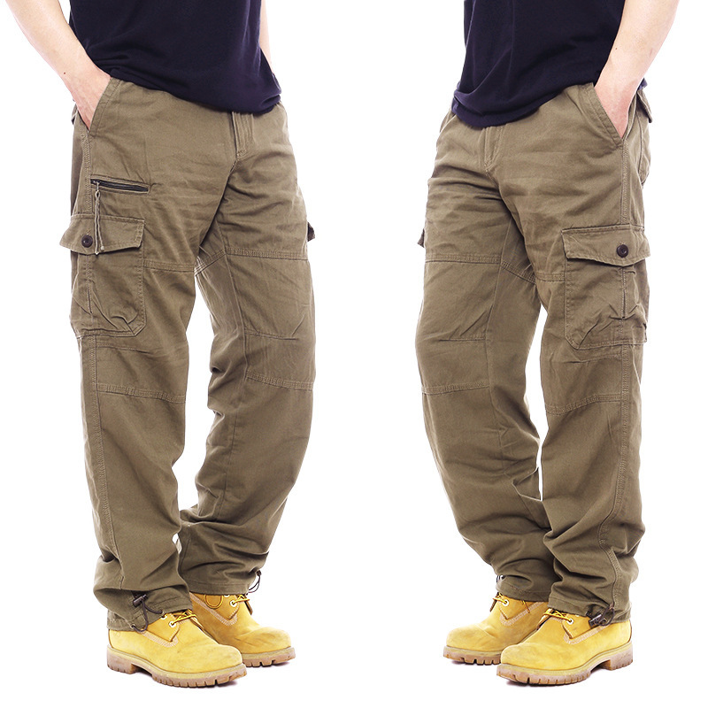 Men's Casual Cotton Work Pants With Elastic Waist, Large Size, Multi-Pocket, Loose Fit, Long Pants For Construction Site