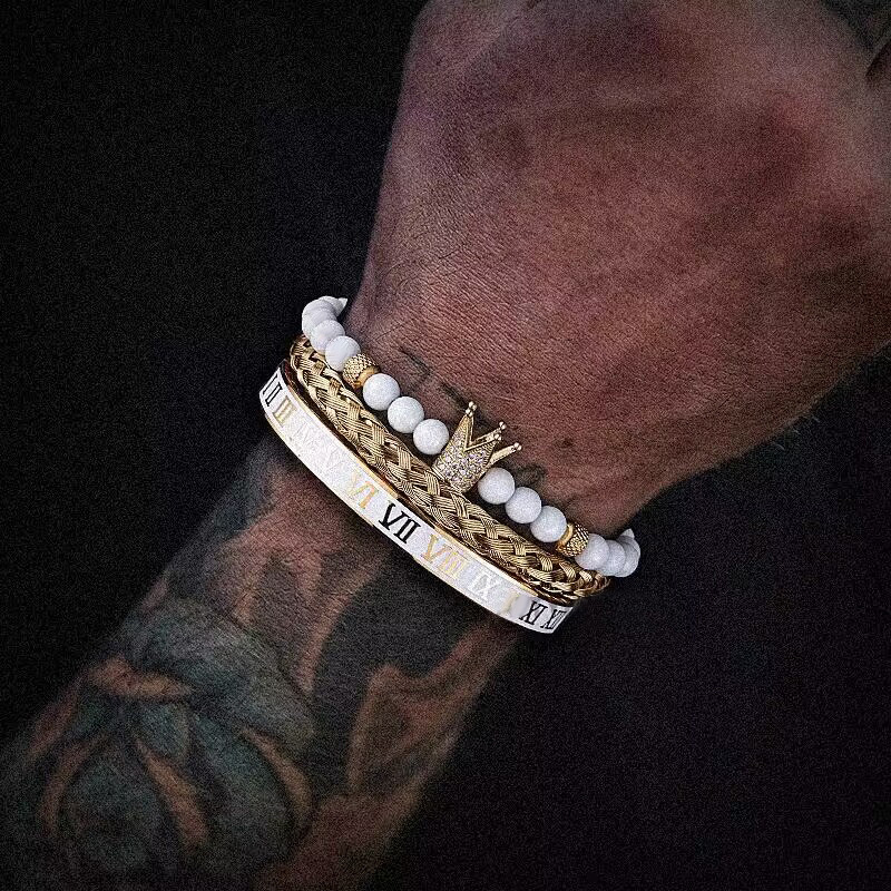 Zircon Skull Leopard Head Crown Bracelet Stainless Steel Men's White Oil Drop Roman Numerals Bracelet Set