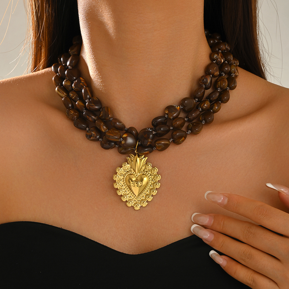 Womens Geometric Multi Layer Woven Heart Pendant