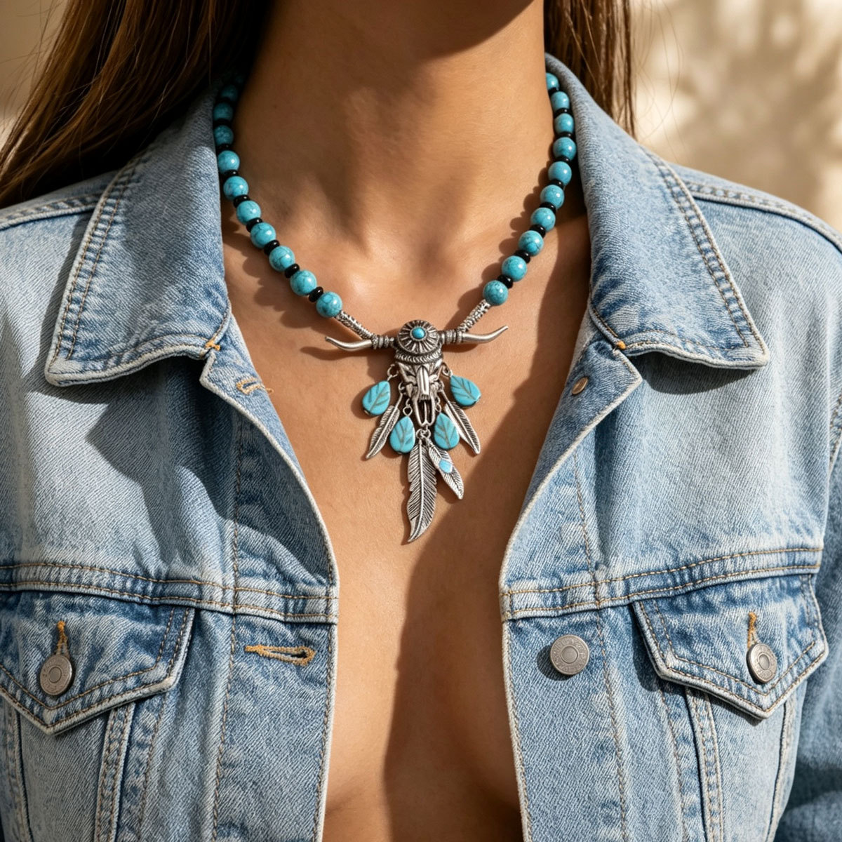 Women Hip Hop Vintage Choker Necklace, Unique Bull Head Turquoise Braided Design Versatile Collarbone Neck Jewelry