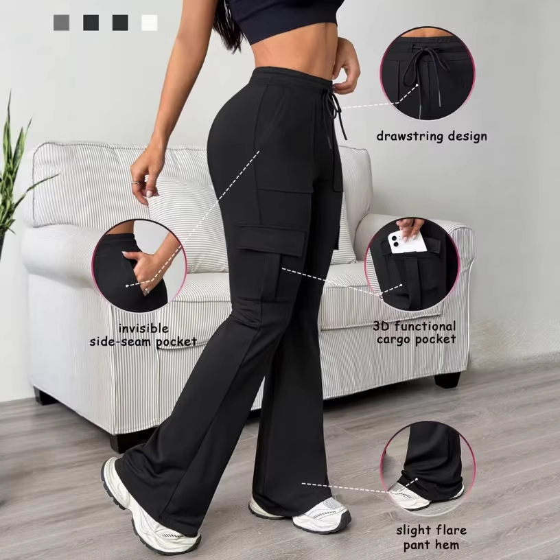 Cross-Border Exclusive Supply Of European And American Style High-Waisted Drawstring Flared Cargo Pants For Women, Loose Wide-Leg Multi-Pocket Casual Long Pants