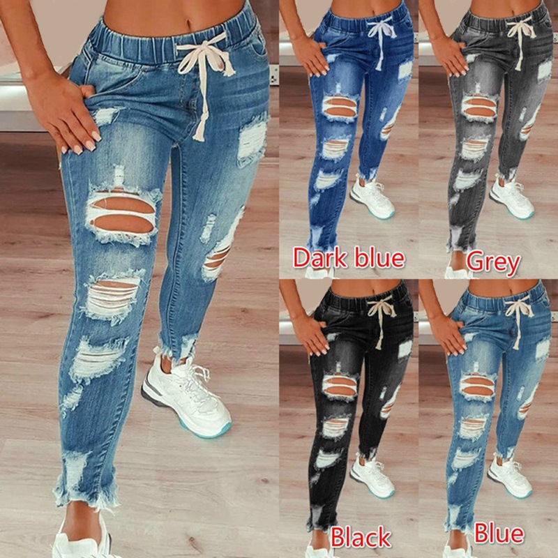 Amazon Cross-Border European And American Style Elastic Waist Women's Jeans High-Waisted Ripped Skinny Lace-Up Pants