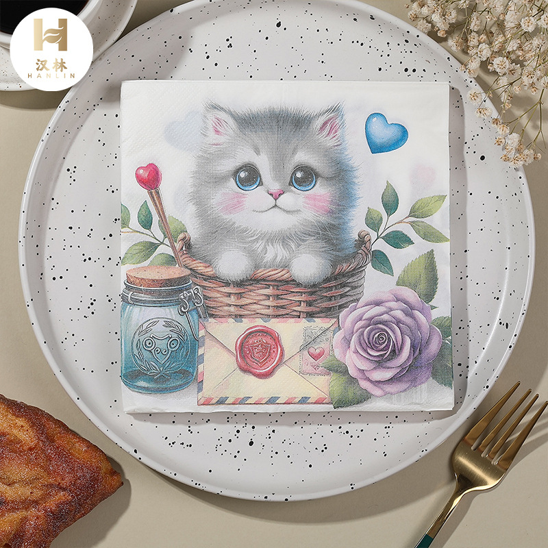 Printed Napkin Cute Cat Decoration Holiday Party High-class Hotel Restaurant Cross-border Original Wood Pulp Square Tissue product image