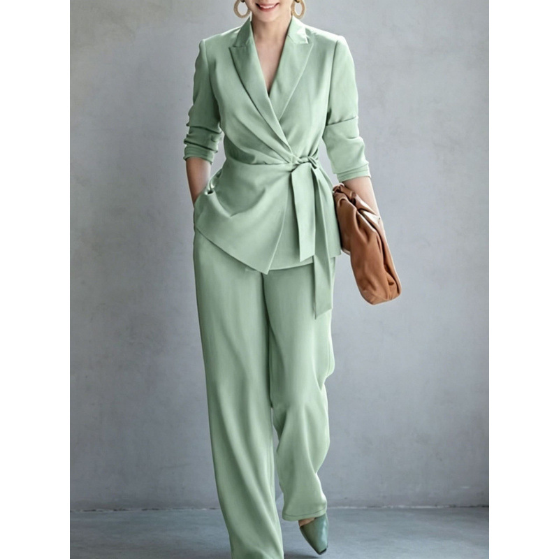 European And American Cross-Border 2026 Autumn Fashion Elegant Women's Casual Solid Color Suit With Tie Top And Pants Two-Piece Set