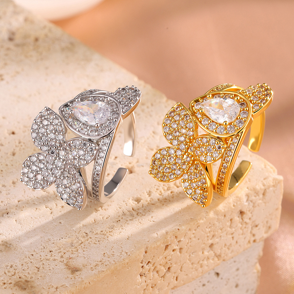 Women Floral Pear Halo CZ Open Ring, Rhodium Plated Micro Paved Adjustable Statement Finger Jewelry