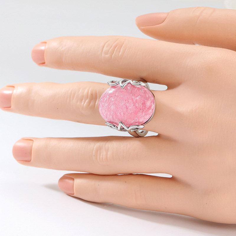 Inel statement vintage cu piatră roz, din alamă cu finisaj argintiu, de formă ovală, sculptural, pentru femei, în stil boho, bijuterie de ocazie