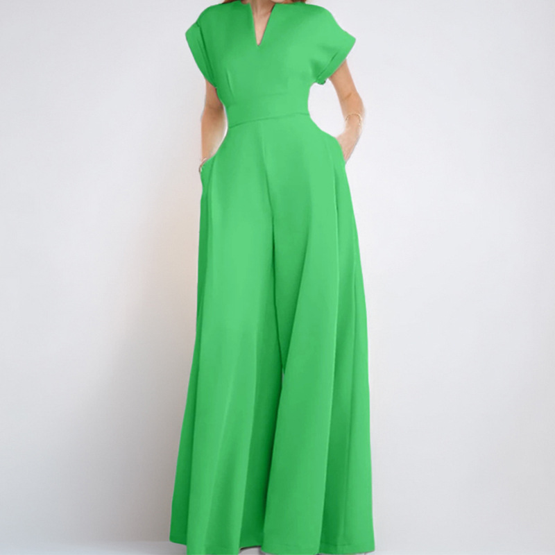 Summer New Style Cross-Border European And American Foreign Trade Women's Clothing Fashionable Commuter V-Neck Waist-Cinching Solid Color Wide-Leg Jumpsuit — image 2 of 7