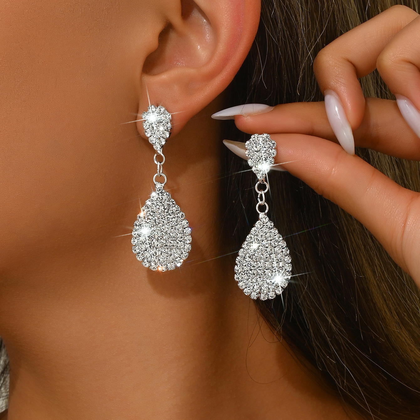 Pave Cubic Zirconia Double Teardrop Long Drop Earrings, Silver Hypoallergenic Formal Bridal Statement Jewelry For European Spanish Women product image