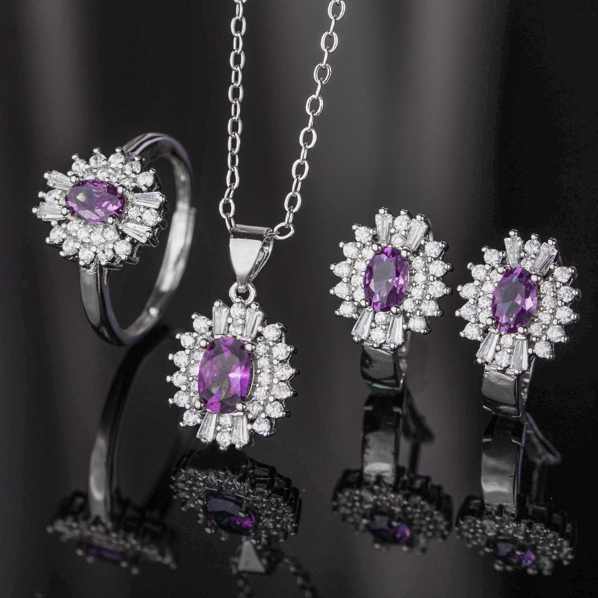Shake Tone Live Hot Sale Set Full Diamond Color Treasure Necklace Set Simulation Ruby Rings Earrings Pendant Three-Piece Set