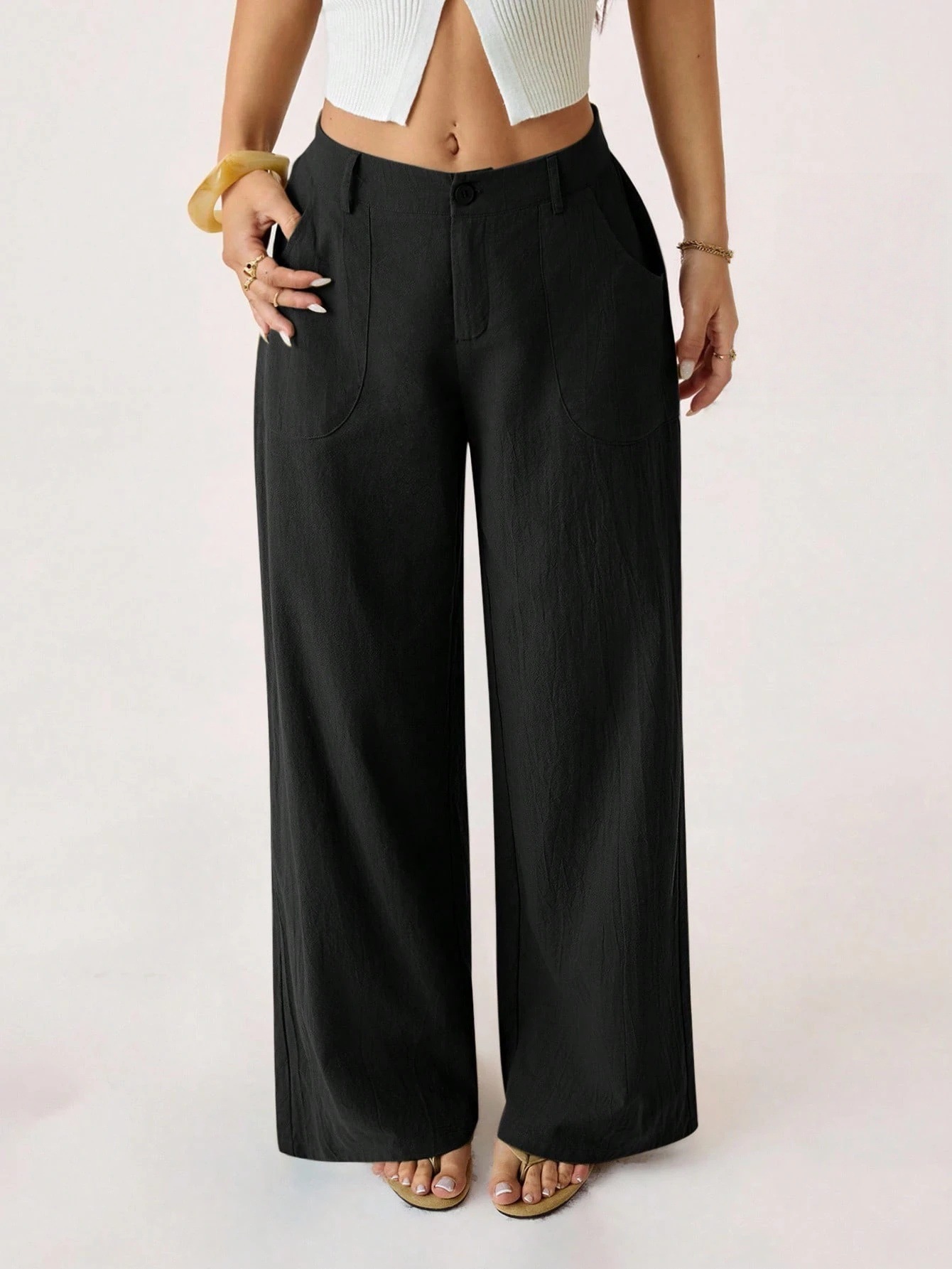 2026 New Style Women's Cotton Linen Wide Leg Pants, Mid Rise, Casual And Commuter Style, Solid Color With Pockets — image 16 of 17