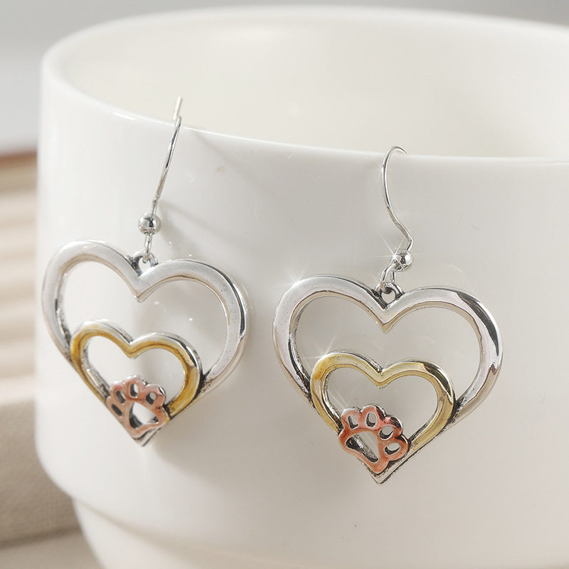 Pendants d'oreilles mignons en forme de patte à double cœur en laiton argenté pour femme, animal de compagnie, amour, bijoux de mode quotidiens