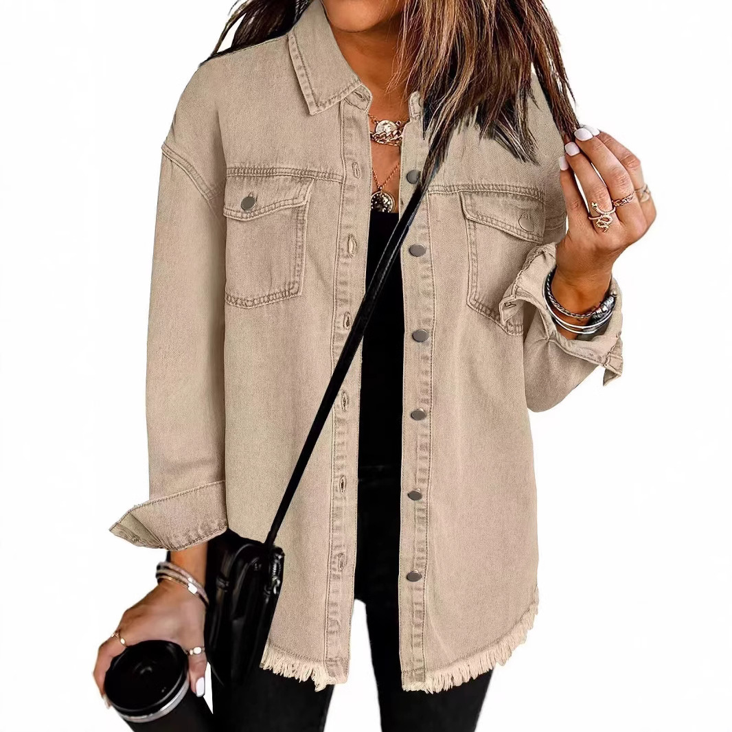 New Cross-Border Washed Denim Shirt Jacket For Women, European And American Style, Autumn And Winter, Personalized Street Style With Frayed Hem Denim Jacket