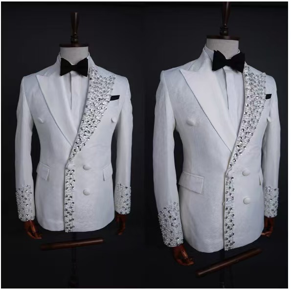 Jacquard Peak Lapel Rhinestone Trim Double Breasted