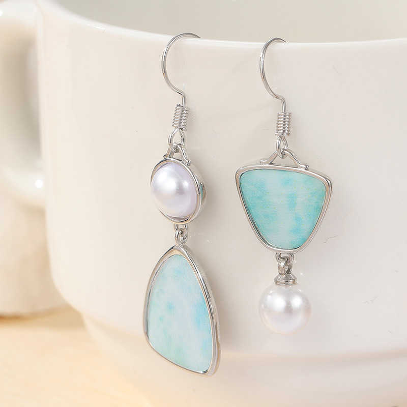 Asymmetric Pearl Blue Stone Drop Earrings – image 1