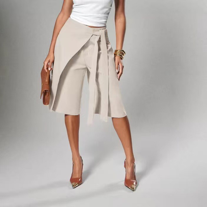 New European And American Style Cross-Border Wrap Tie Wide-Leg Mid-Length Pants, Chic Workwear, Fake Two-Piece Culotte Skirt For Women