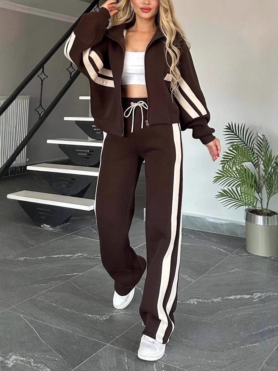 2025 European And American Cross-Border Amazon Autumn Foreign Trade Y2K Striped Zip-Up Jacket Casual Sports Suit For Women
