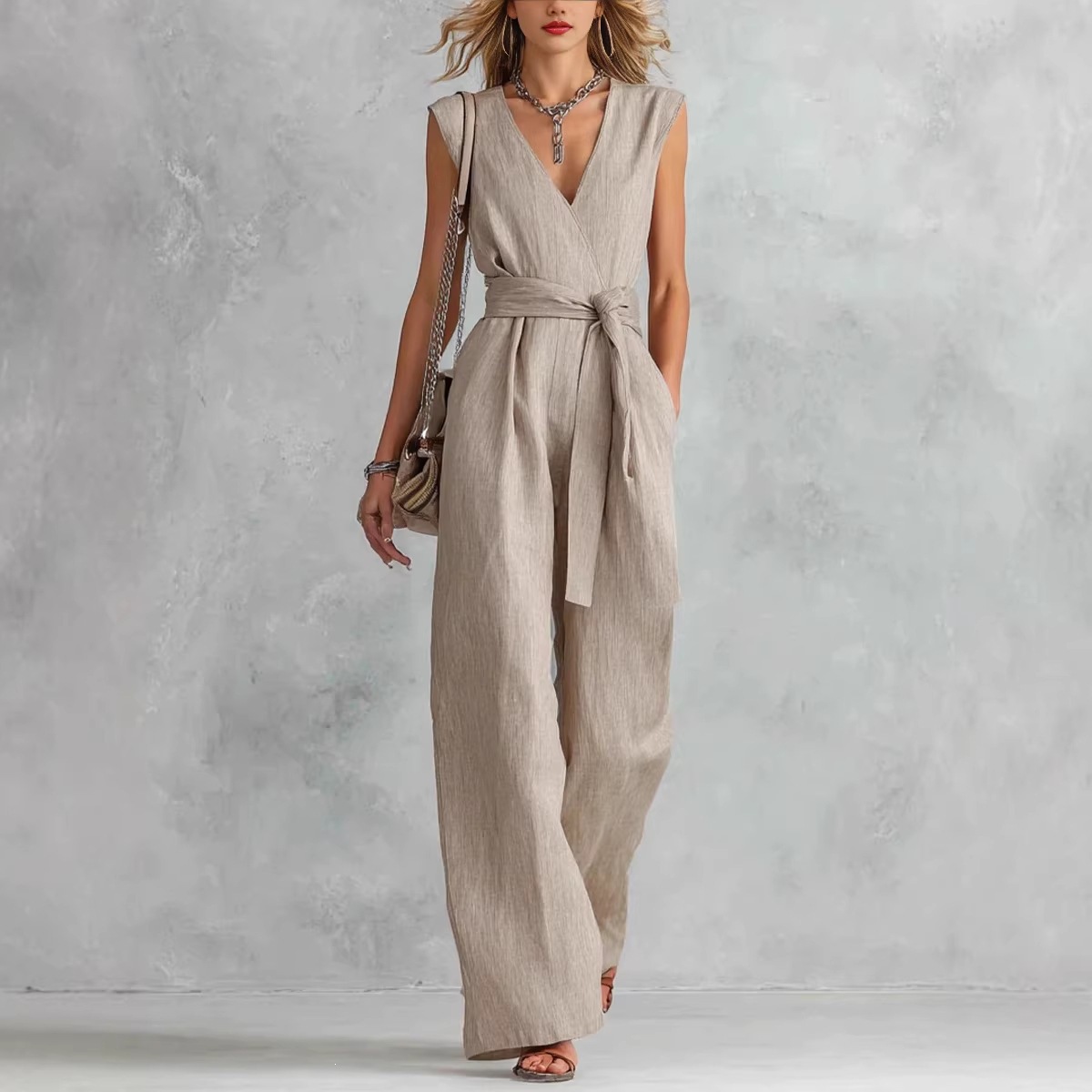 2026 Spring Summer European And American Cross-Border Women's Fashion New Amazon V-Neck Wide-Leg Sleeveless Belted Women's Jumpsuit