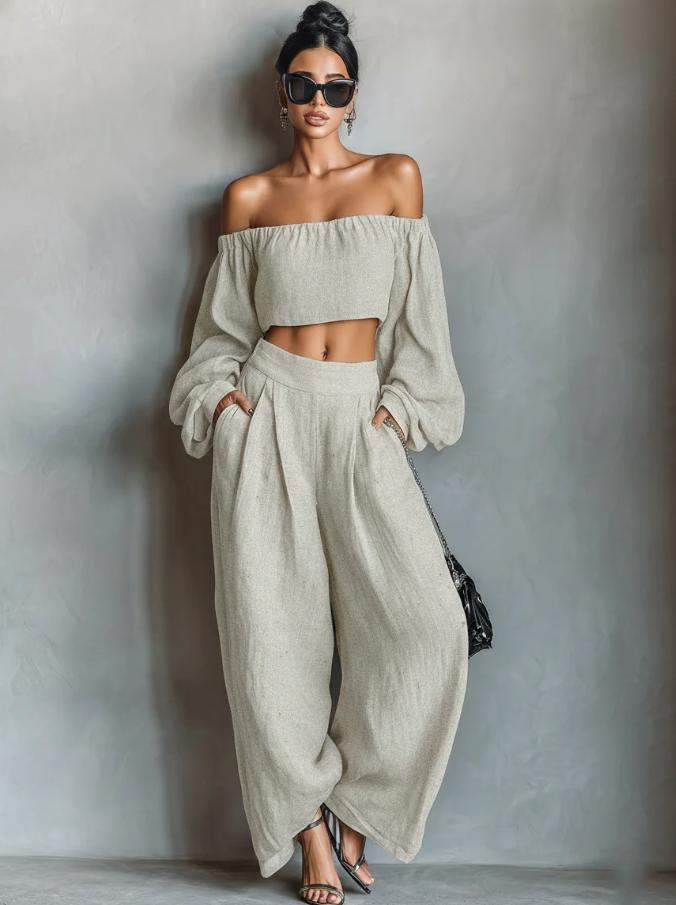 Off-shoulder crop top and balloon-leg pants set, additional product image 1
